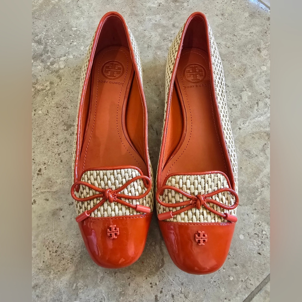 TORY BURCH Catherine orange patent with raffia smoking slippers flats shoes 5 - Picture 1 of 8